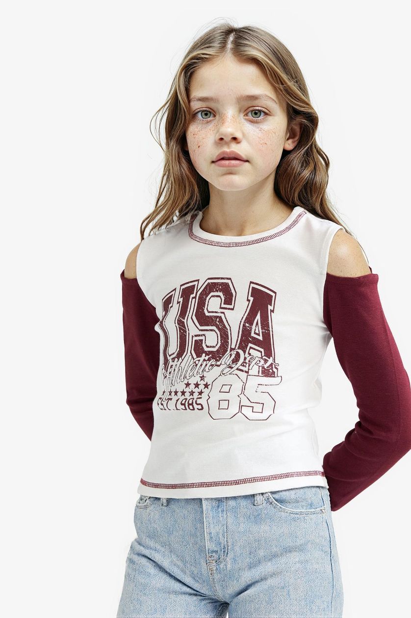 Girls & Teens Ecru Girl Slim Fit Crew Neck Printed Ribbed T-Shirt