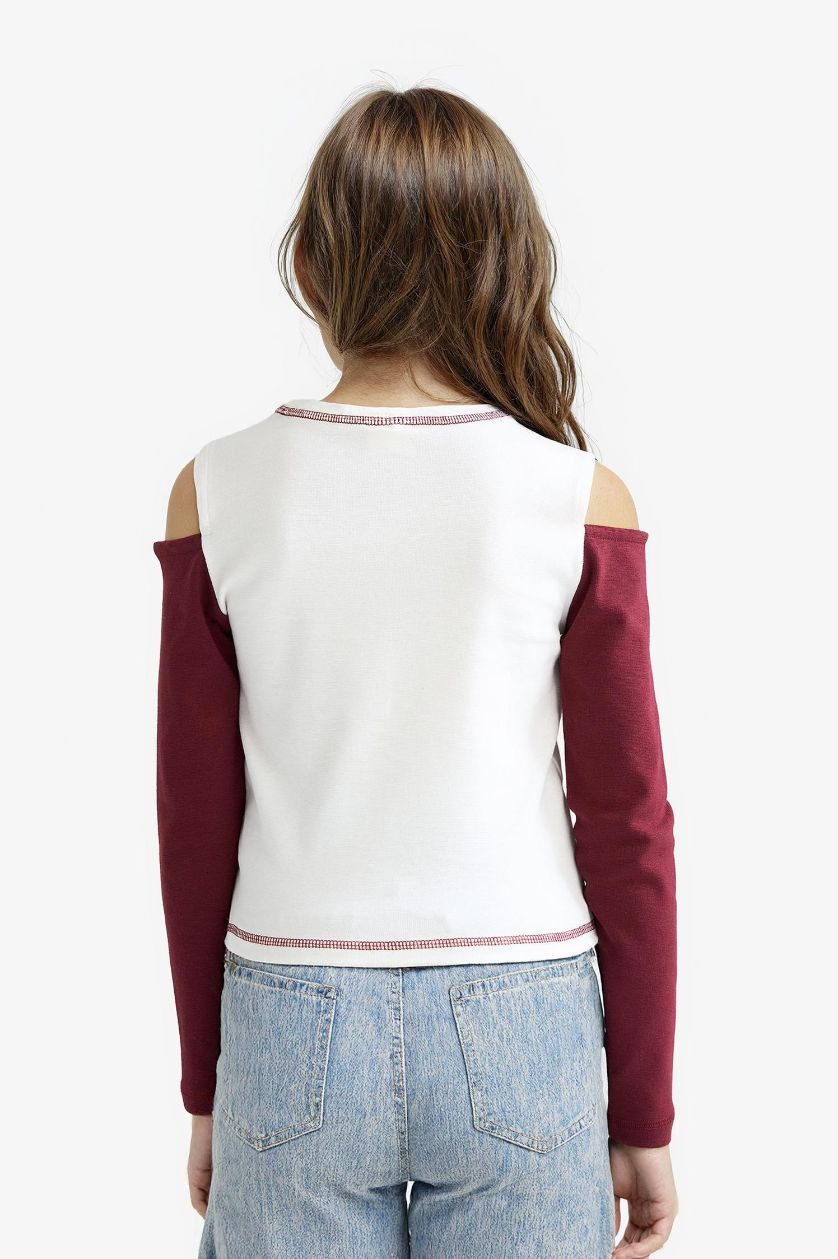 Girls & Teens Ecru Girl Slim Fit Crew Neck Printed Ribbed T-Shirt