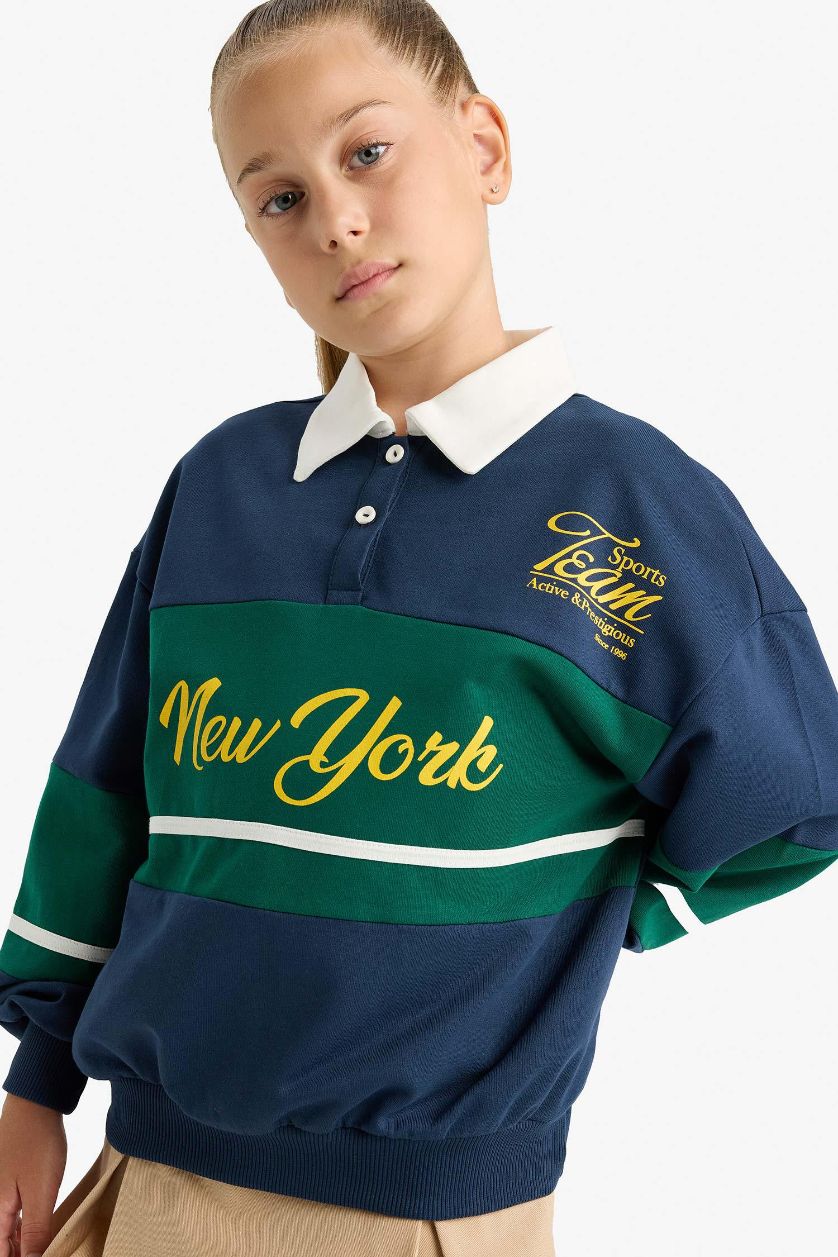 Kız Çocuk - Genç Kız Lacivert Relax Fit Polo Yaka Baskılı Okul Sweatshirt Kız Çocuk