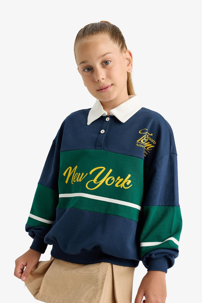 Kız Çocuk - Genç Kız Lacivert Relax Fit Polo Yaka Baskılı Okul Sweatshirt Kız Çocuk