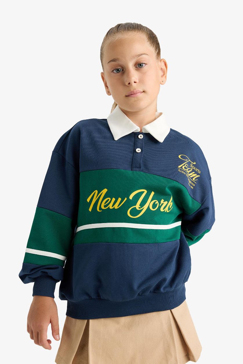 Kız Çocuk - Genç Kız Lacivert Relax Fit Polo Yaka Baskılı Okul Sweatshirt Kız Çocuk