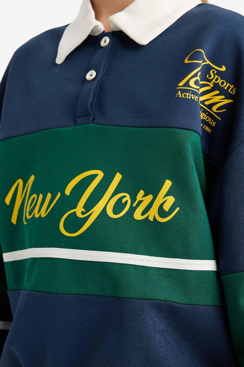 Kız Çocuk - Genç Kız Lacivert Relax Fit Polo Yaka Baskılı Okul Sweatshirt Kız Çocuk