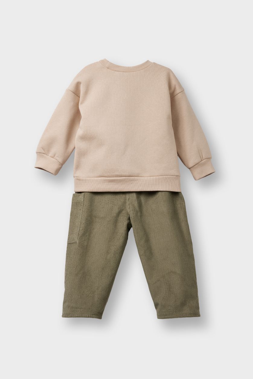 Erkek Bebek Bej 2'li Takım Kadife Baskılı Sweatshirt Pantolon Erkek Bebek