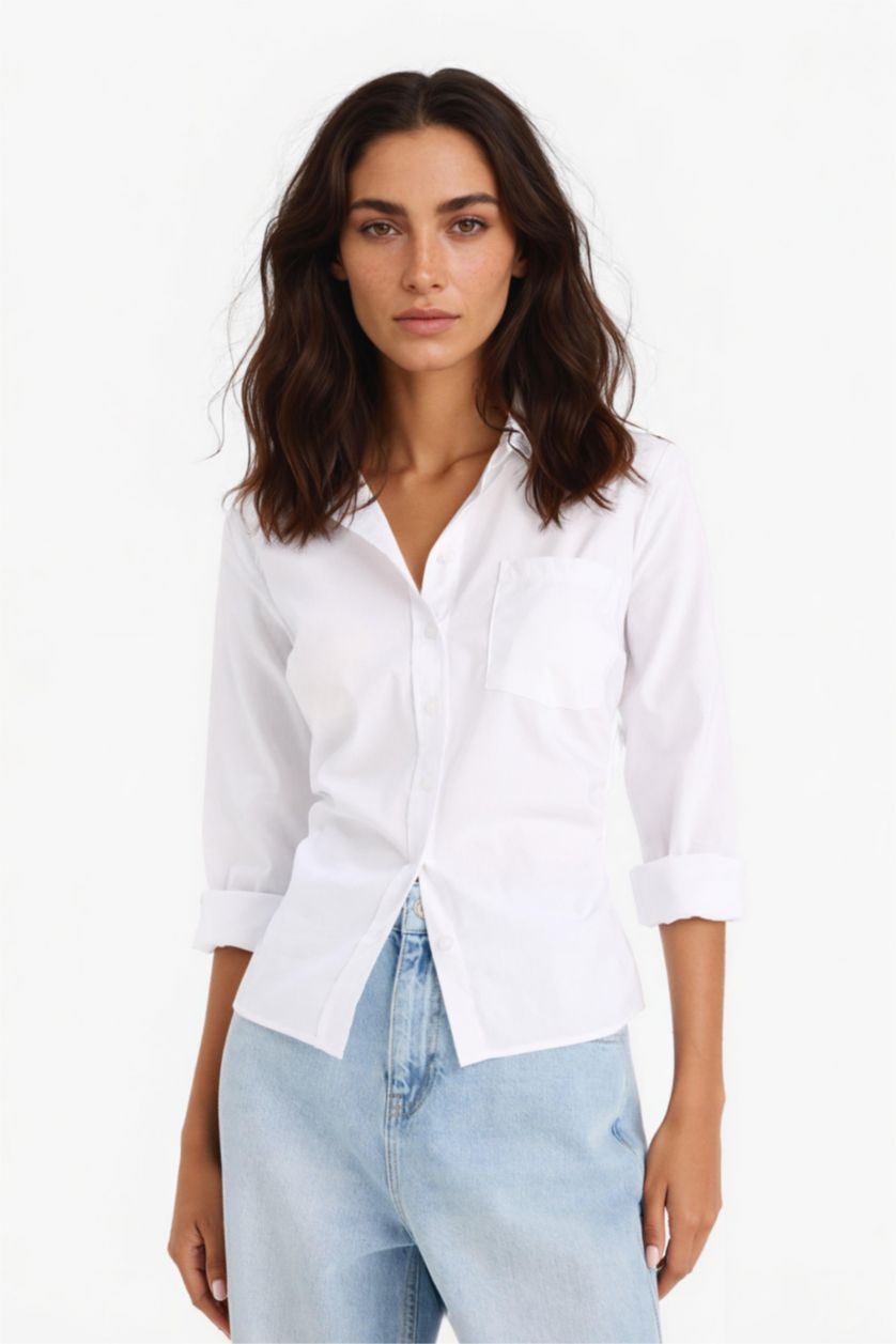 Woman White Slim Fit Bengalin Long Sleeve White Shirt