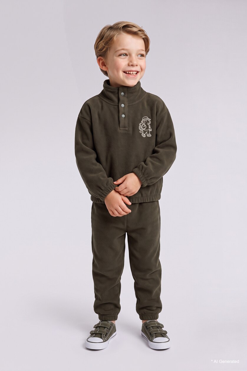 Baby Boys Dark Khaki 2 piece Regular Fit High Neck Embroidered Set