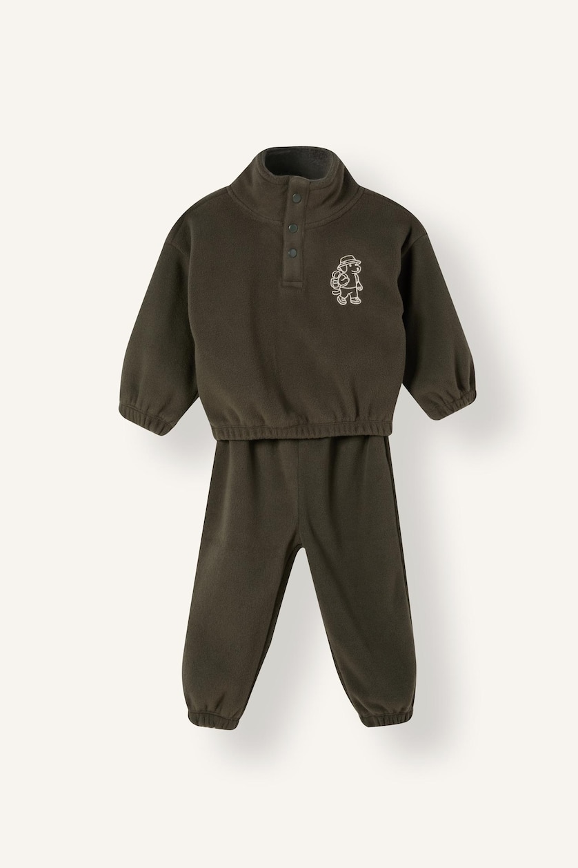Baby Boys Dark Khaki 2 piece Regular Fit High Neck Embroidered Set