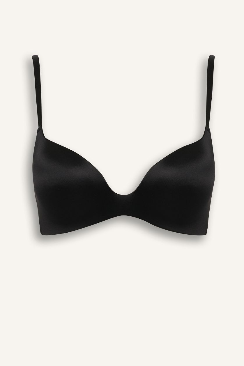 Kadın Siyah Saten Kaplı Yarım Dolgulu Balensiz Tişört Bra