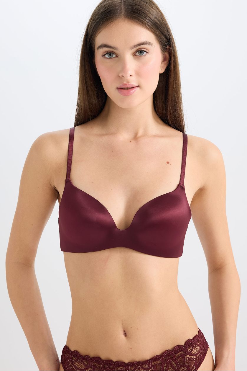 Woman Bordeaux Satin Coated Semi Padded Non Wired T-Shirt Bra