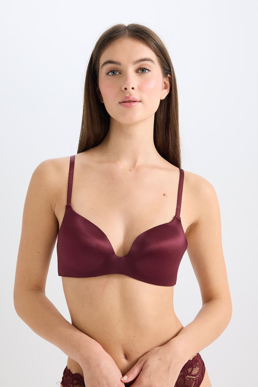 Woman Bordeaux Satin Coated Semi Padded Non Wired T-Shirt Bra