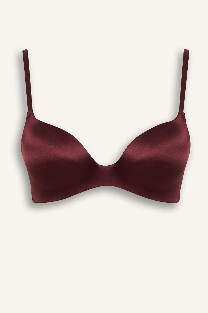 Woman Bordeaux Satin Coated Semi Padded Non Wired T-Shirt Bra