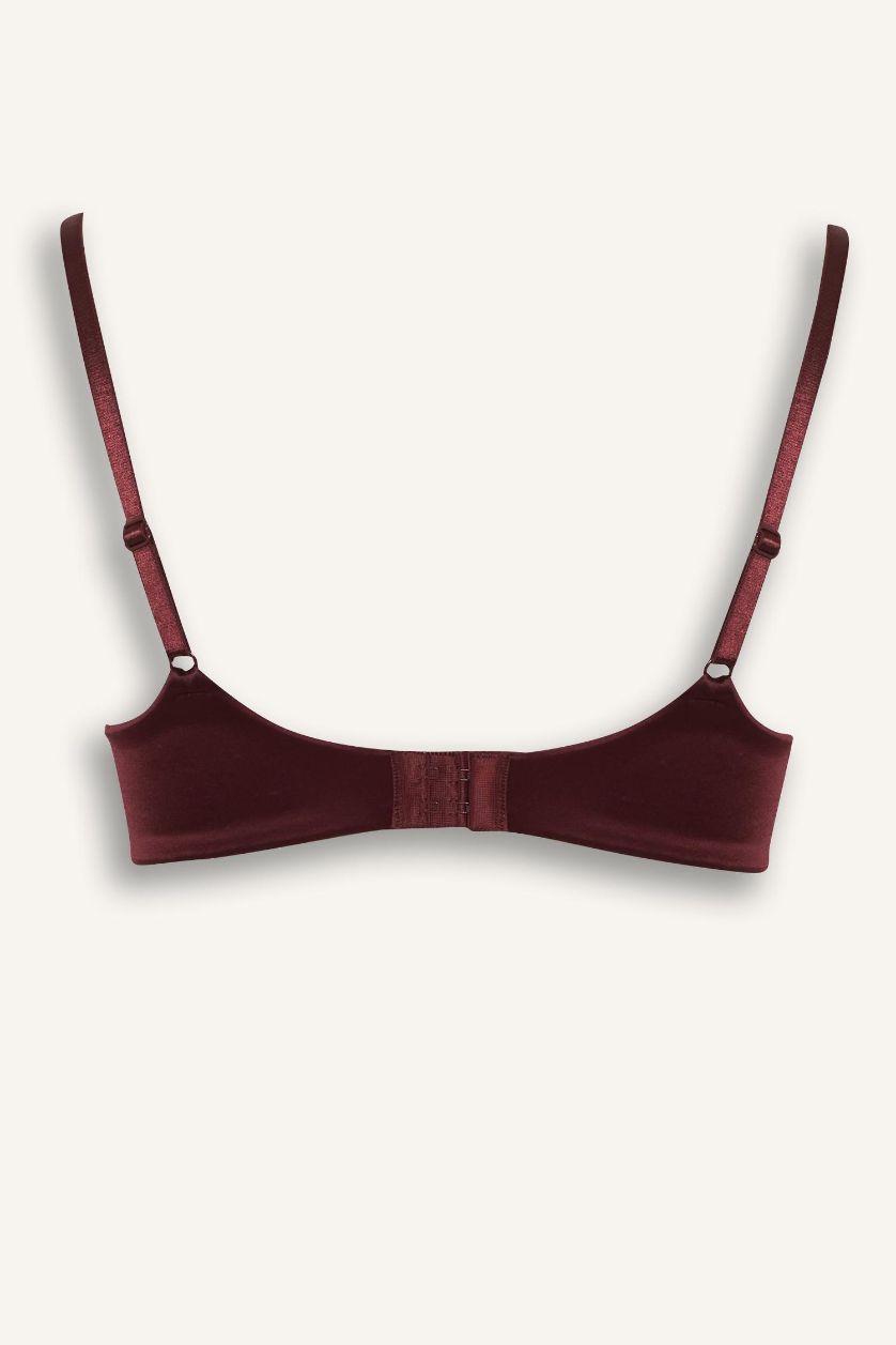 Woman Bordeaux Satin Coated Semi Padded Non Wired T-Shirt Bra