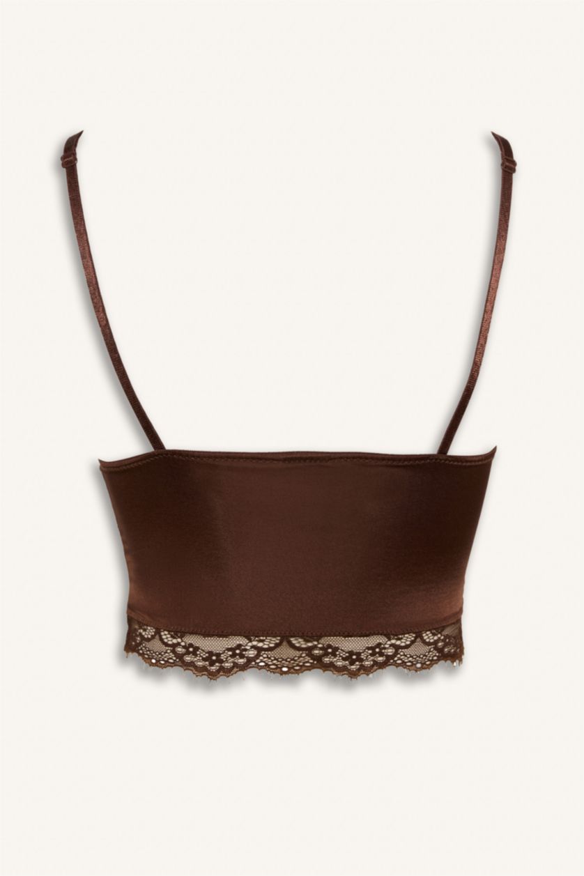 Kadın Kahve Saten Dantelli Üst