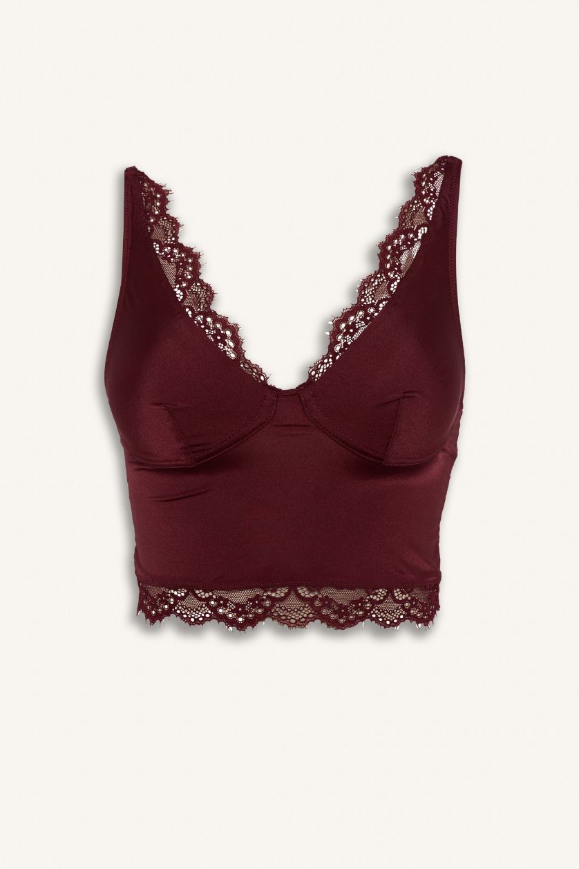 Kadın Bordo Saten Dantelli Üst