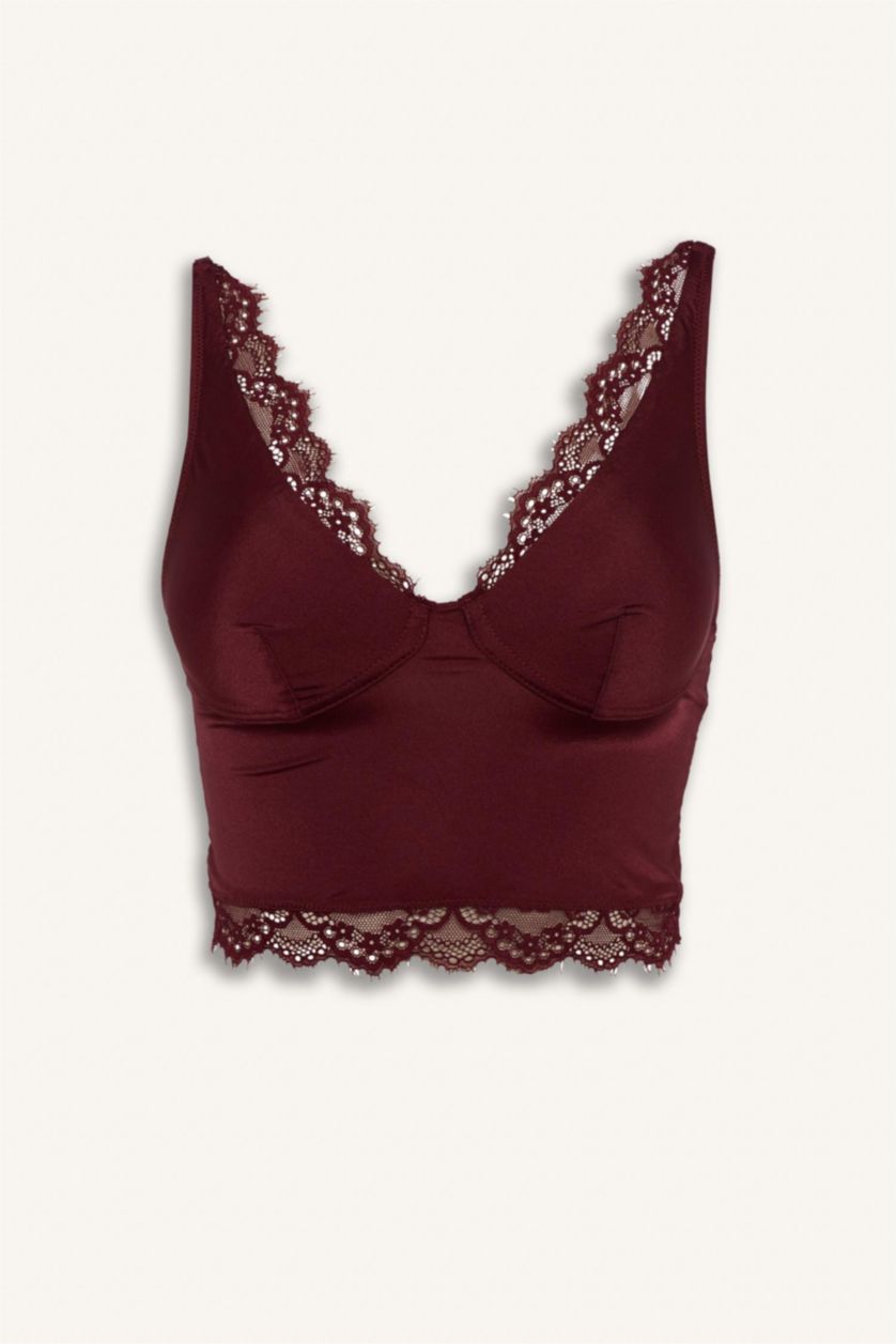 Kadın Bordo Saten Dantel Detaylı Üst