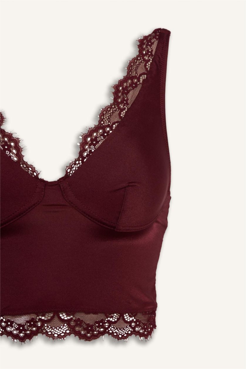 Kadın Bordo Saten Dantel Detaylı Üst