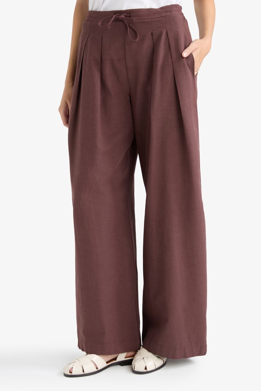 نساء بني بنطرون برجل واسع وايد ليج من مزيج الكتان