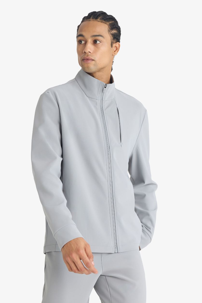 Man Light Grey DeFactoFit Standard Fit Stand Collar Zip-Up Sweatshirt