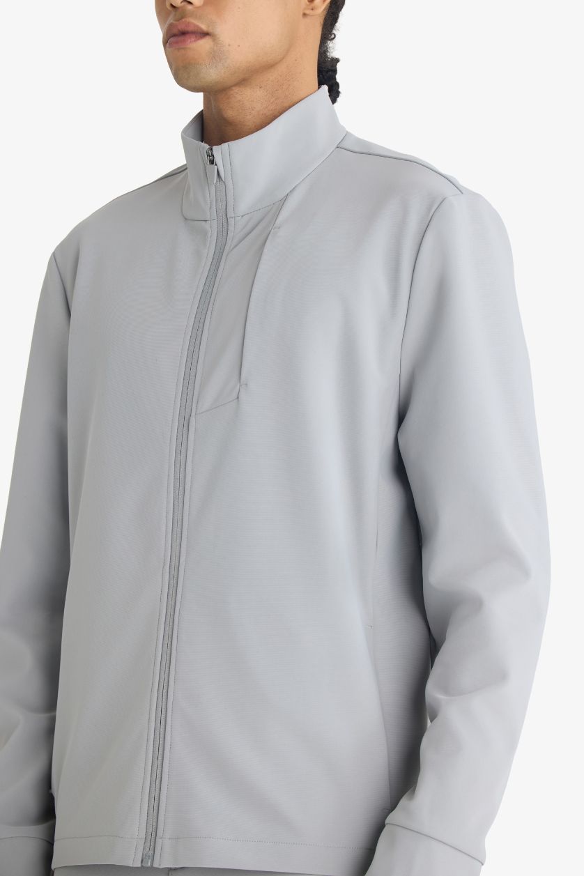 Man Light Grey DeFactoFit Standard Fit Stand Collar Zip-Up Sweatshirt