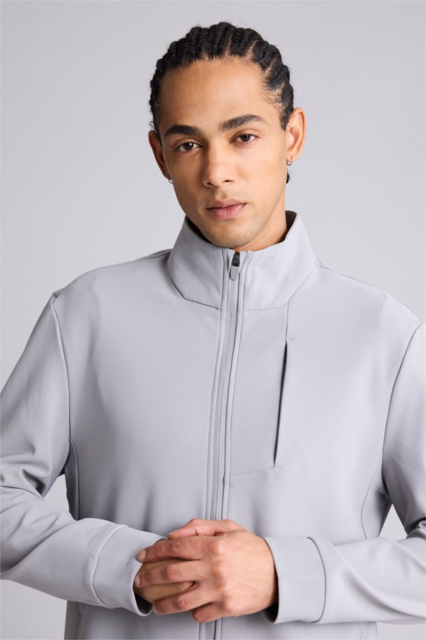 Man Light Grey DeFactoFit Standard Fit Stand Collar Zip-Up Sweatshirt