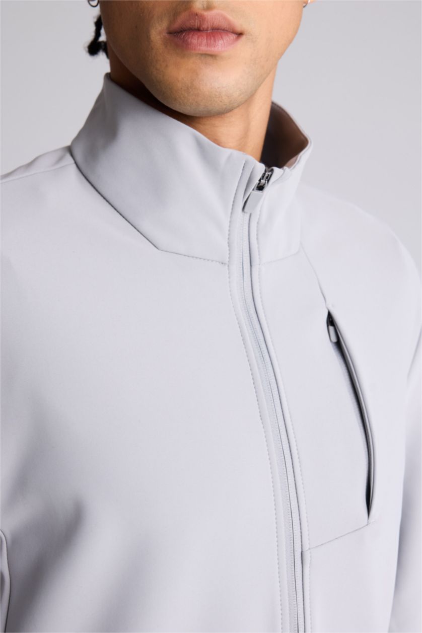 Man Light Grey DeFactoFit Standard Fit Stand Collar Zip-Up Sweatshirt