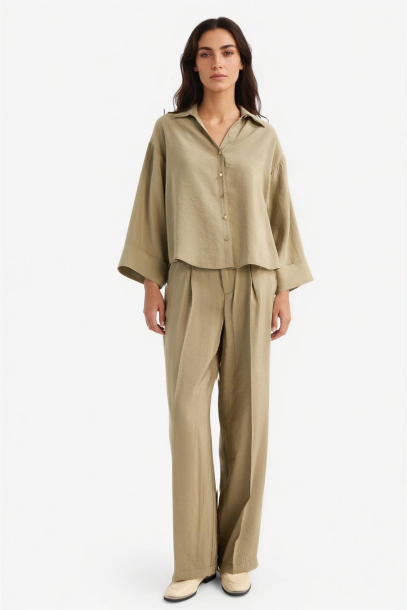 FEMME Kaki Pantalon large taille haute en modal