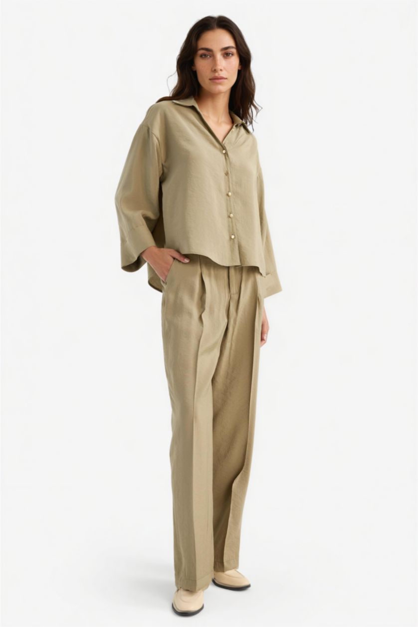 FEMME Kaki Pantalon large taille haute en modal