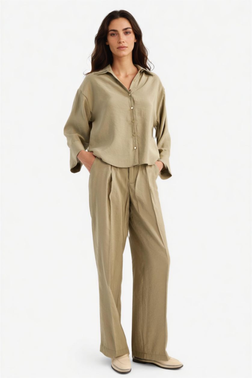 FEMME Kaki Pantalon large taille haute en modal