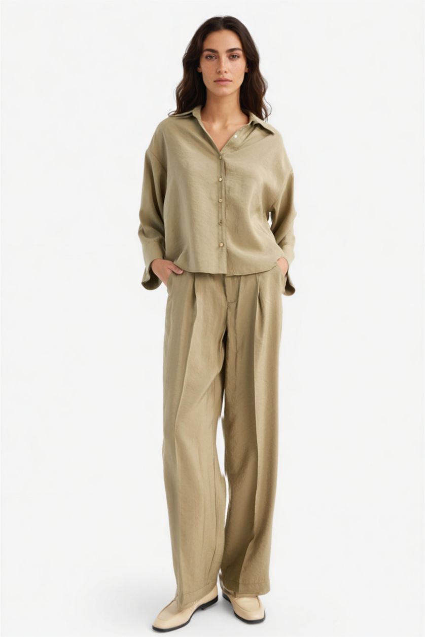 FEMME Kaki Pantalon large taille haute en modal