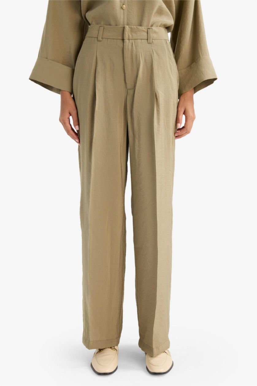 FEMME Kaki Pantalon large taille haute en modal