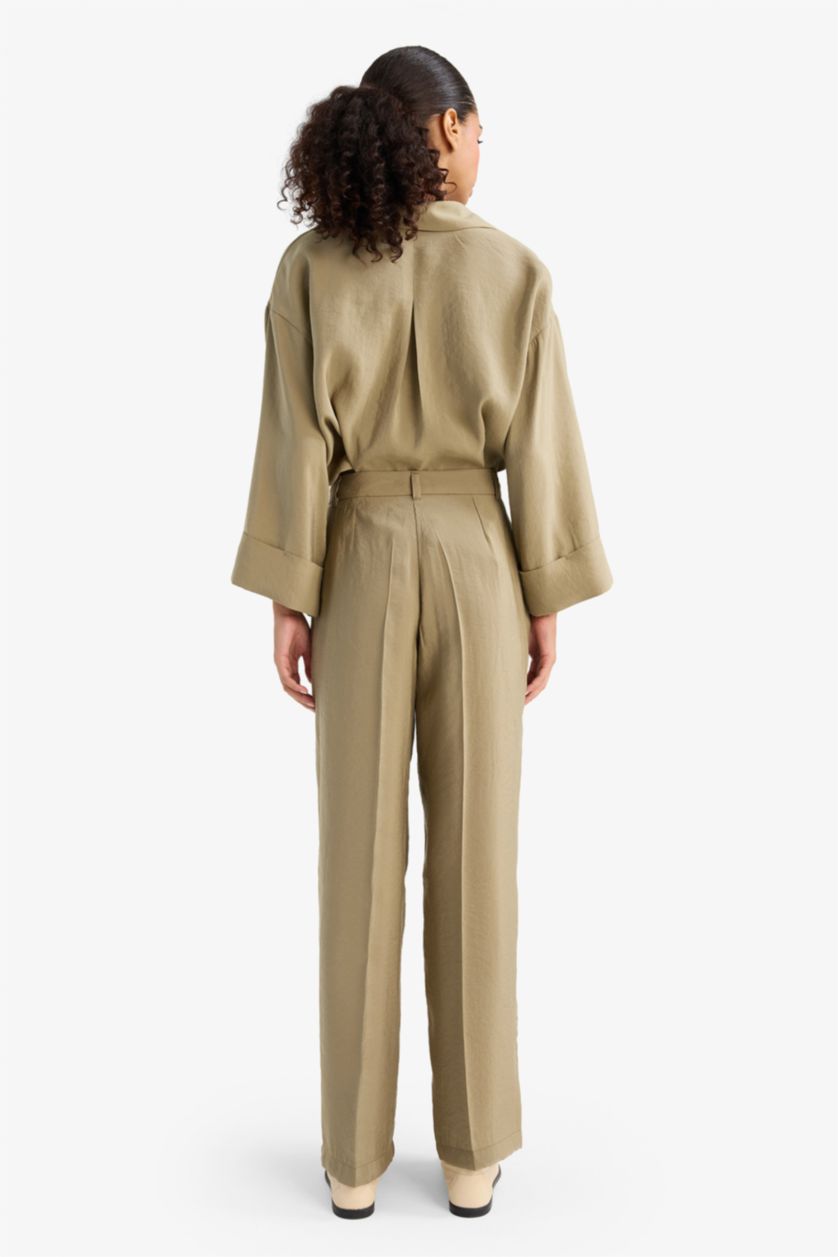 FEMME Kaki Pantalon large taille haute en modal