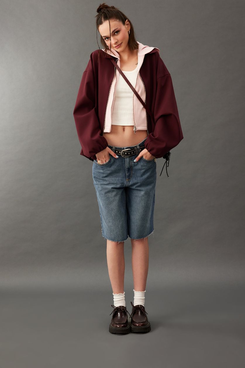 Kadın Bordo Tafta Fermuarlı Ceket