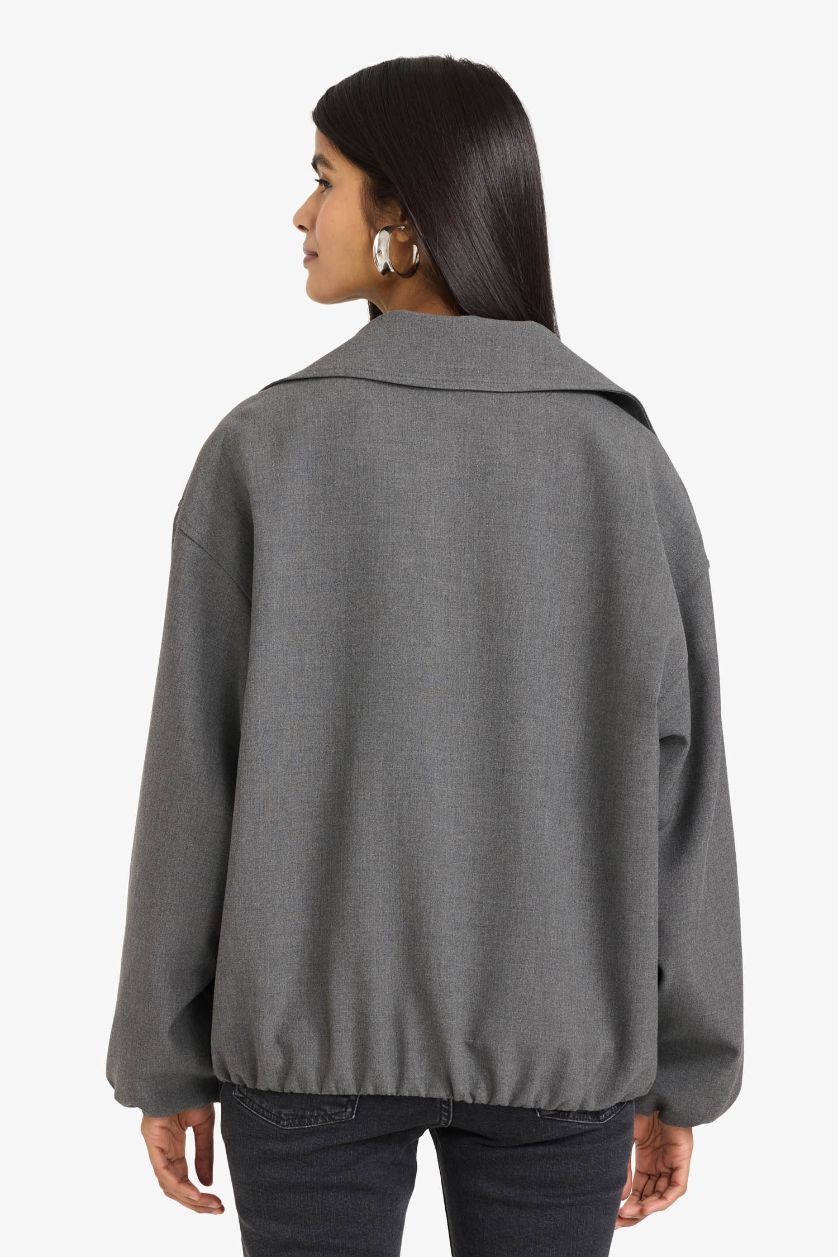 Kadın Antrasit Fermuarlı Cepli Tafta Ceket