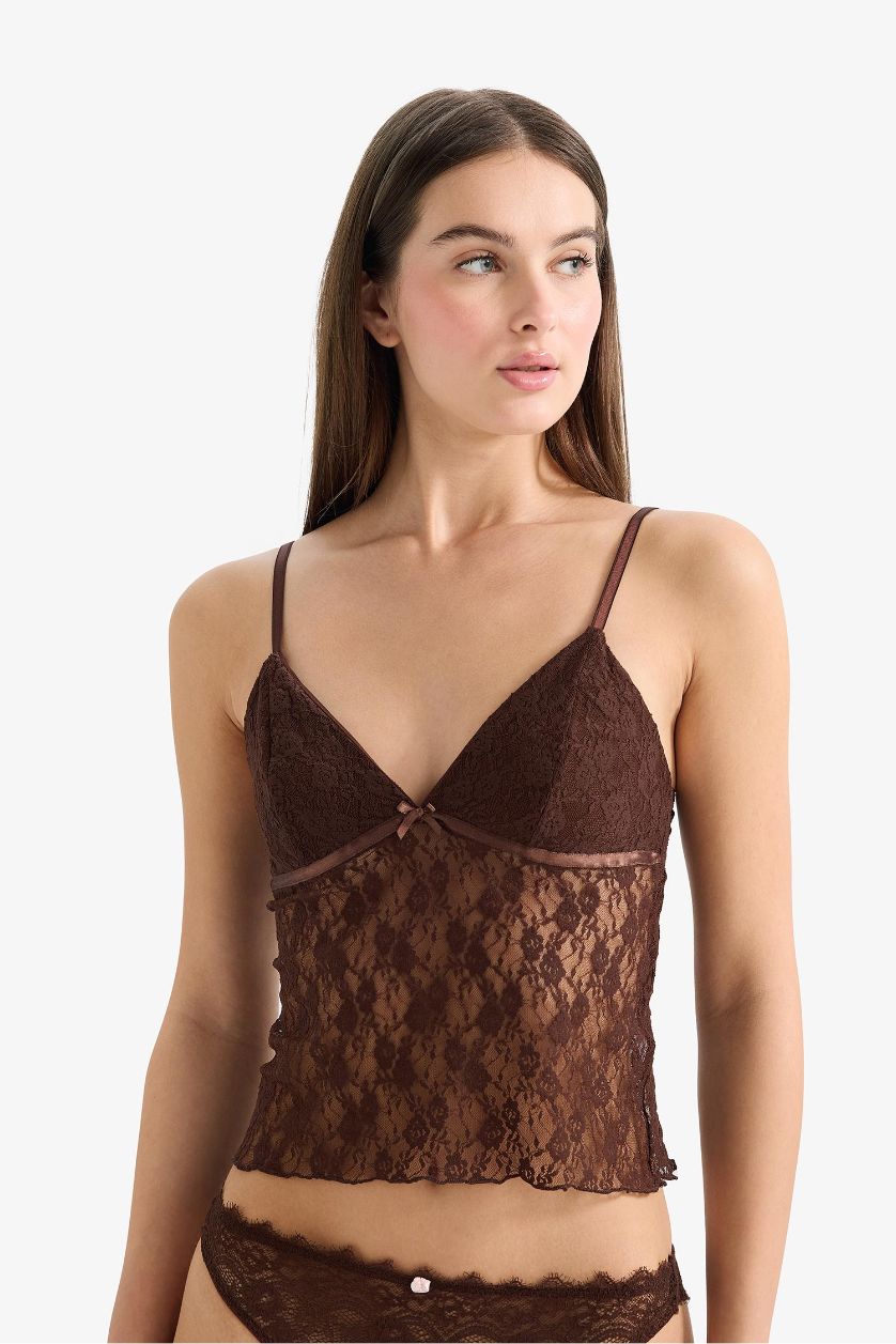 Woman Brown Fall in Love Lace Tank Top