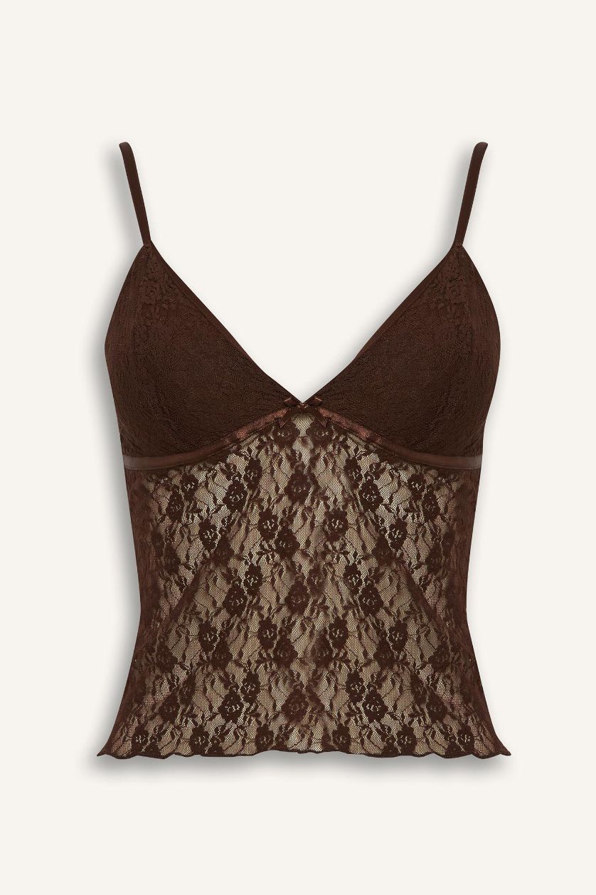 Woman Brown Fall in Love Lace Tank Top