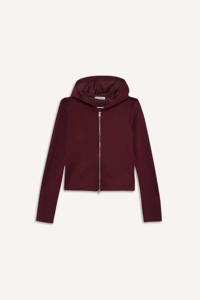 Kadın Bordo Slim Fit Dar Kesim Kapüşonlu Modal Fermuarlı Sweatshirt