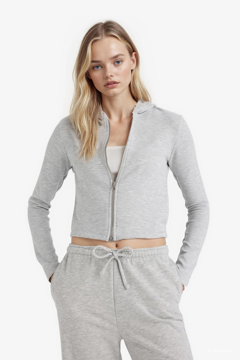 Women Grey Melange Slim Fit Zippered Modal Hoodie
