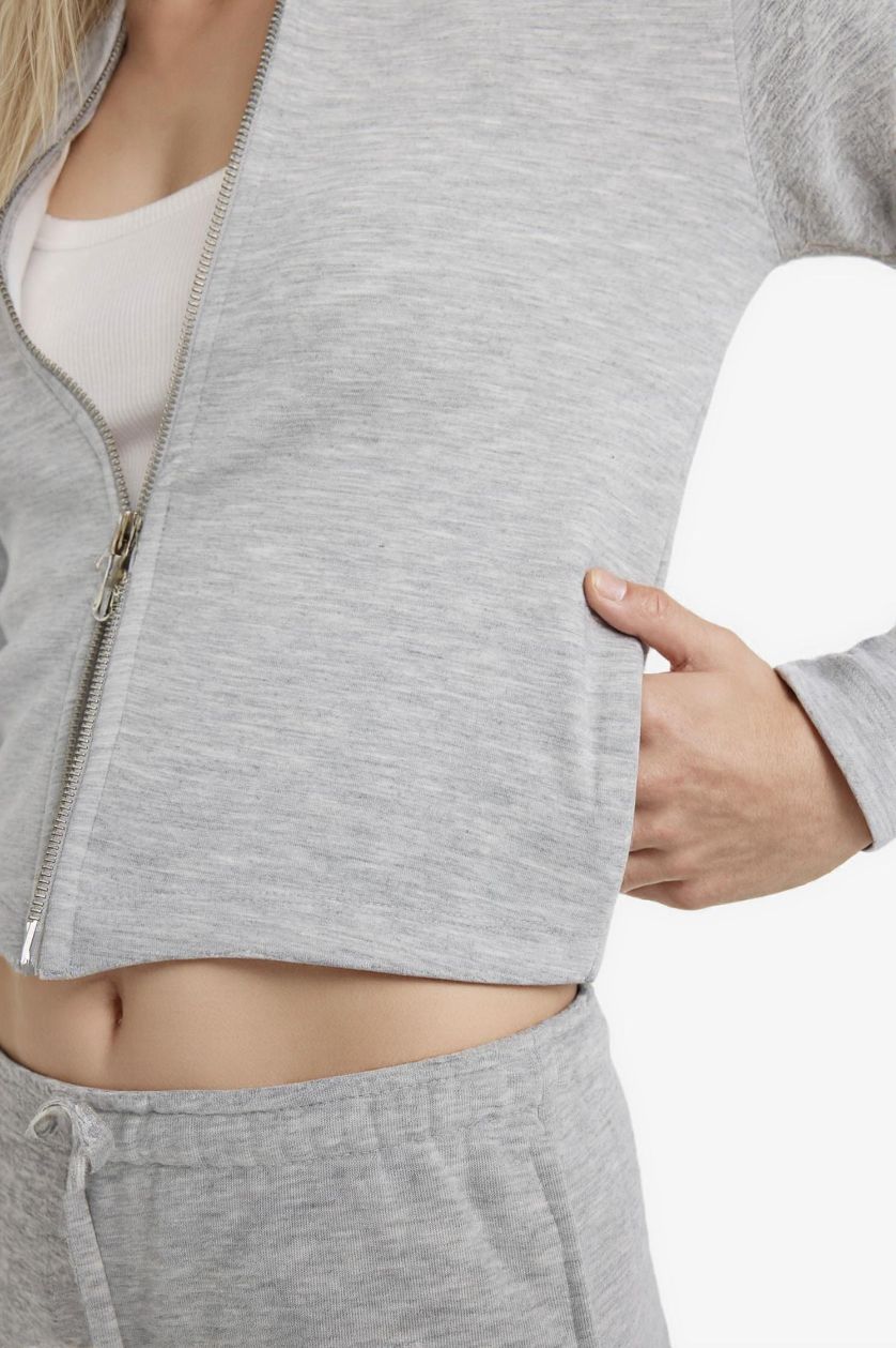 نساء ميلانج رمادي جاكيت رياضي منسوج سليم فيت بغطاء للرأس