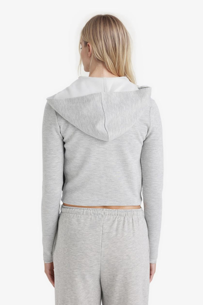 نساء ميلانج رمادي جاكيت رياضي منسوج سليم فيت بغطاء للرأس