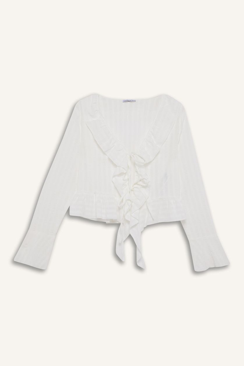 Kadın Kırık Beyaz %100 Pamuk Regular Fıt Dokulu Önden Bağlamalı Fırfırlı Bluz