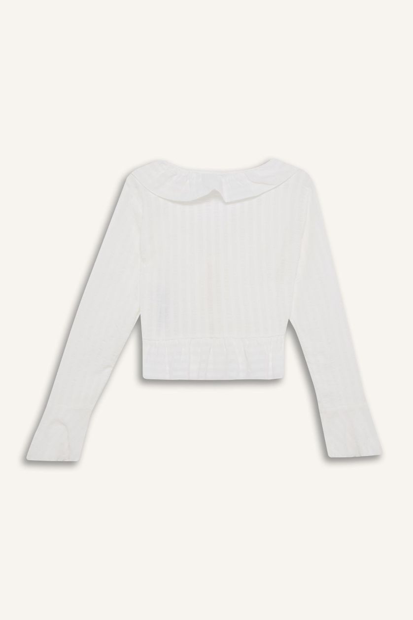 Kadın Kırık Beyaz %100 Pamuk Regular Fıt Dokulu Önden Bağlamalı Fırfırlı Bluz