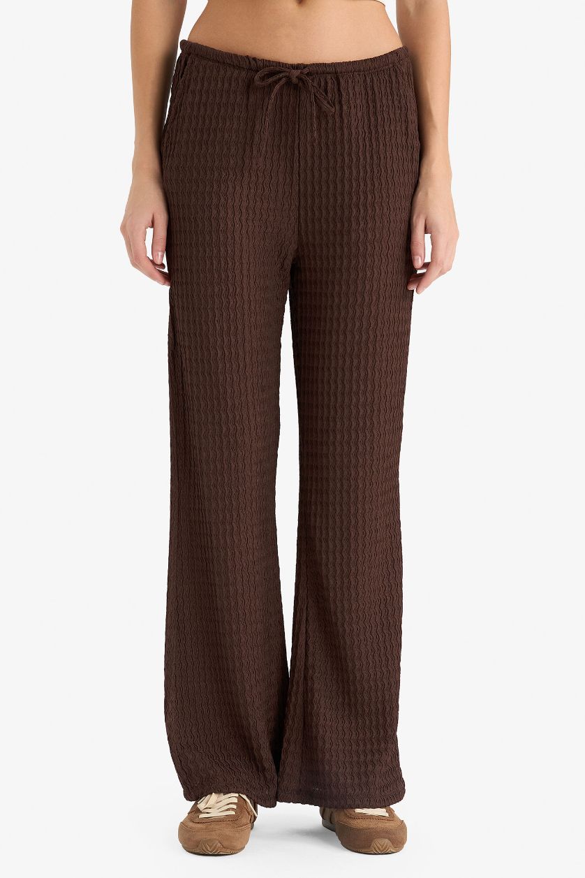 Kadın Kahve Wıde Leg Cepli Normal Bel Standart Boy Bürümcük Pantolon