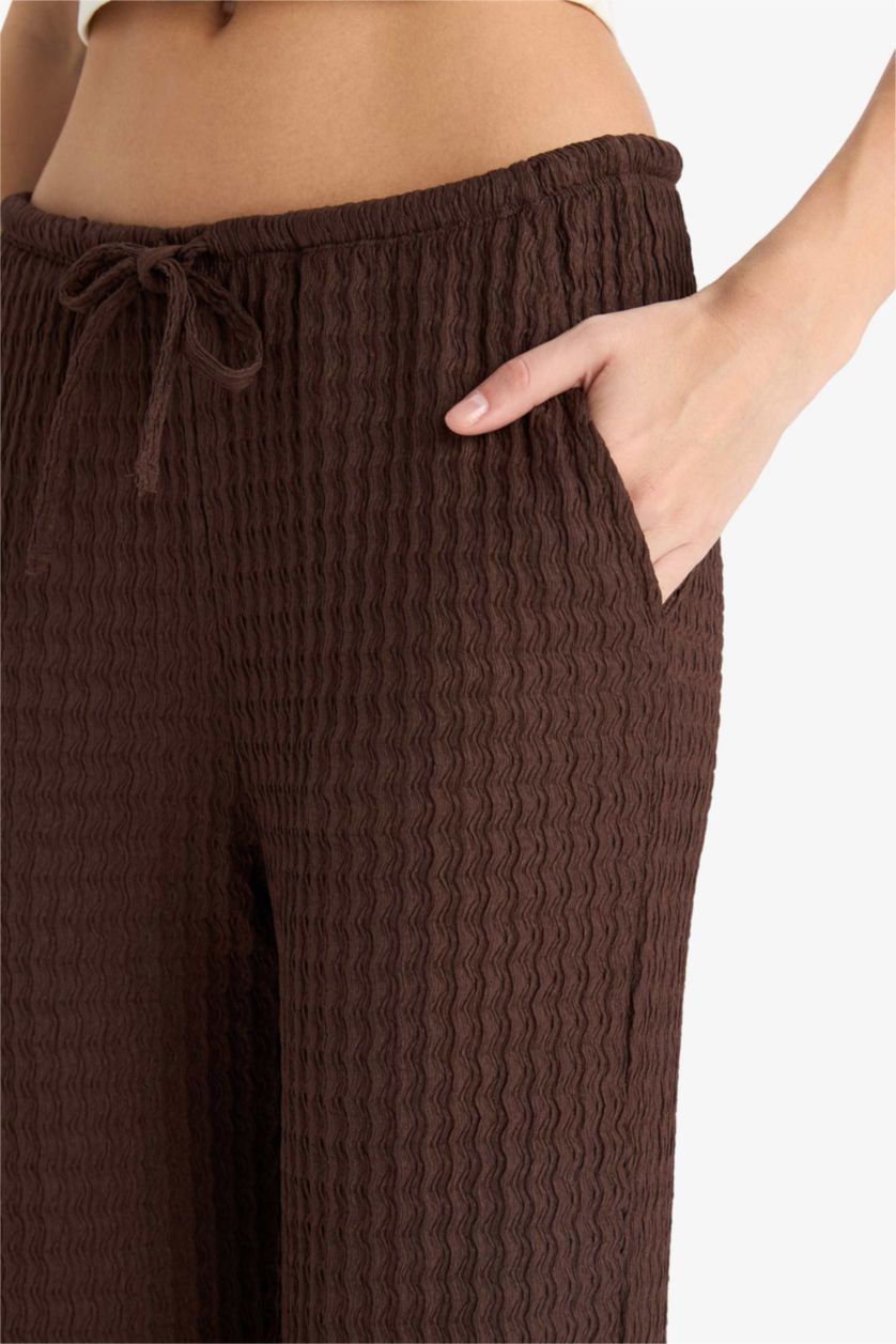 Kadın Kahve Wıde Leg Cepli Normal Bel Standart Boy Bürümcük Pantolon