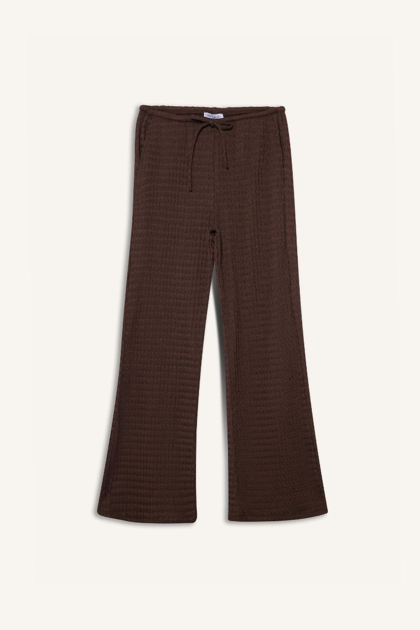 Kadın Kahve Wıde Leg Cepli Normal Bel Standart Boy Bürümcük Pantolon