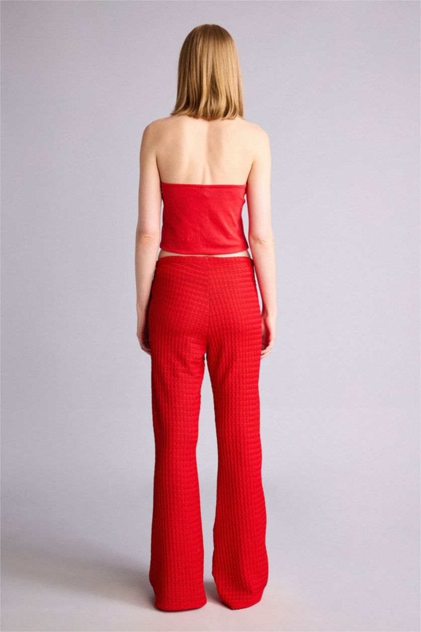 Kadın Kırmızı Wide Leg Kırışık Dokulu Pantolon