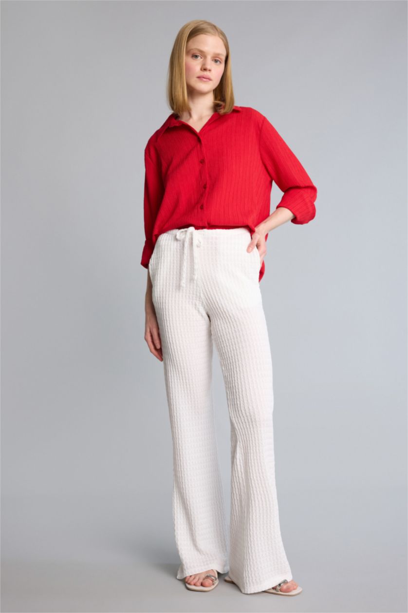 Әйелдерге АҚ Wide Leg қалталы орташа белді стандартты ұзындықтағы бүрмелі шалбар