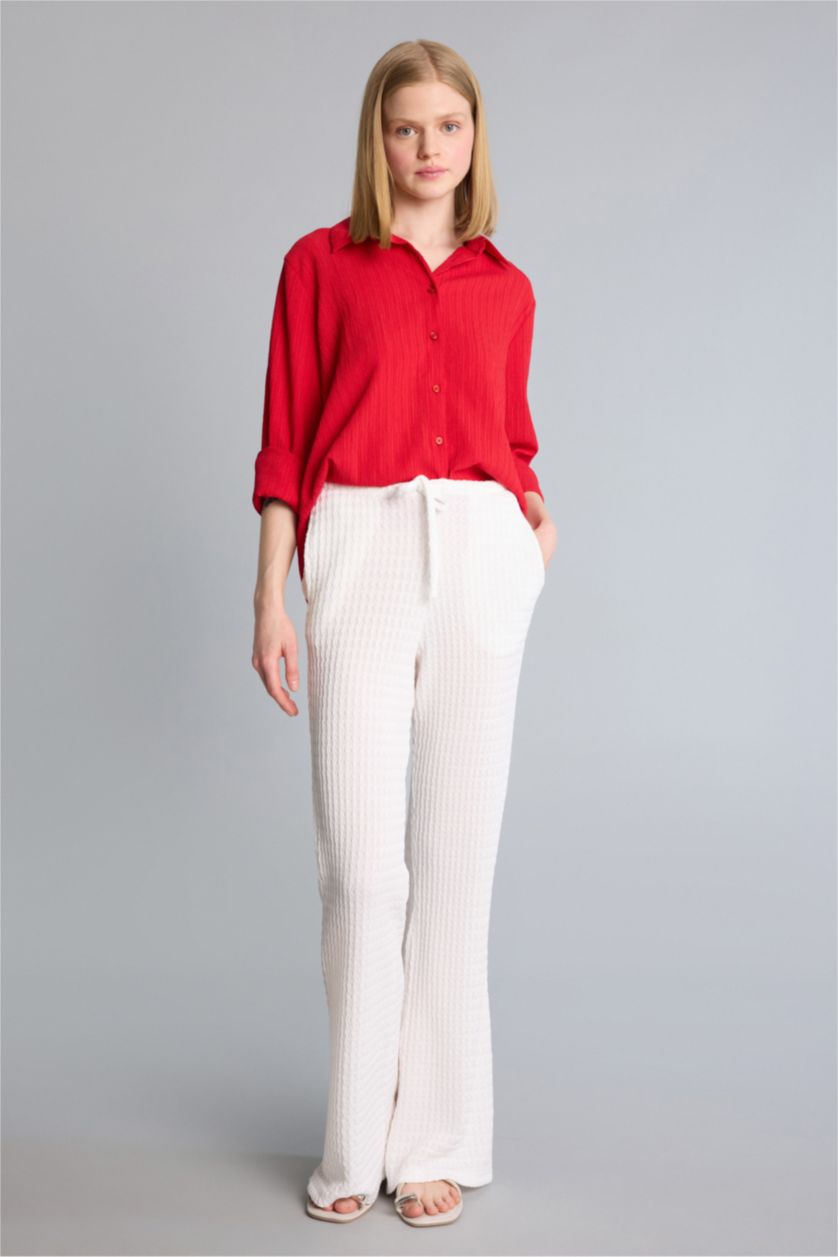 Әйелдерге АҚ Wide Leg қалталы орташа белді стандартты ұзындықтағы бүрмелі шалбар