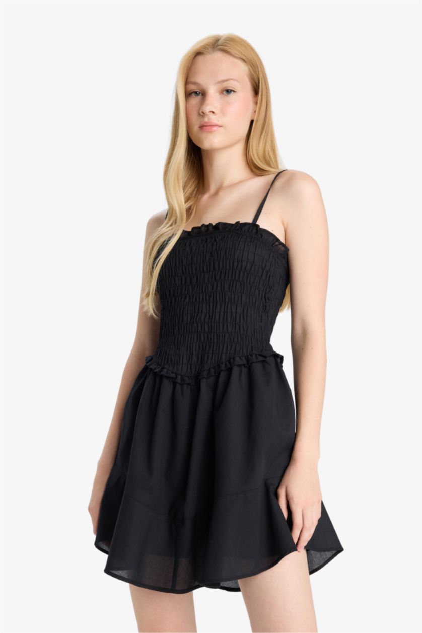 Woman Black Strappy Voile Mini Black Dress