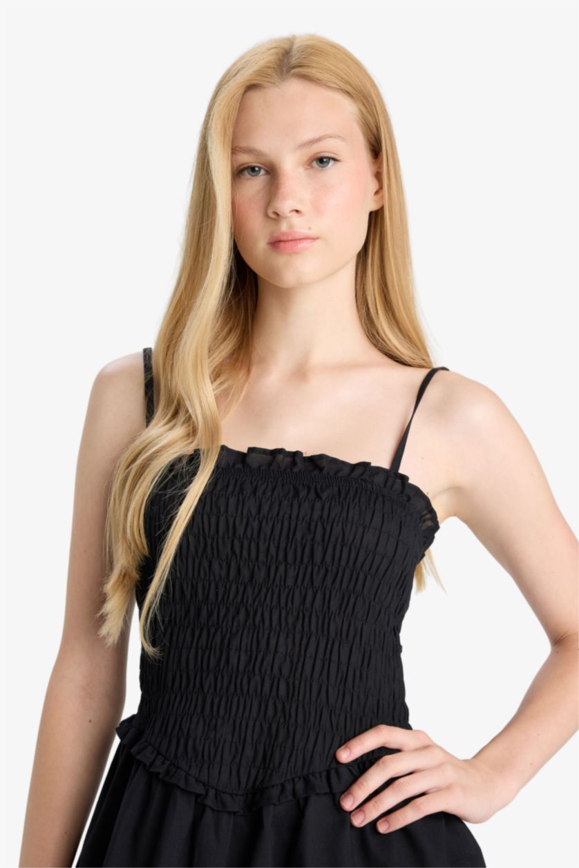 Woman Black Strappy Voile Mini Black Dress