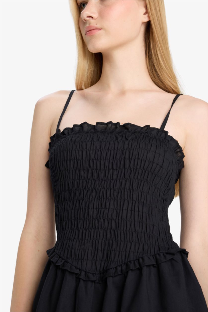 Woman Black Strappy Voile Mini Black Dress