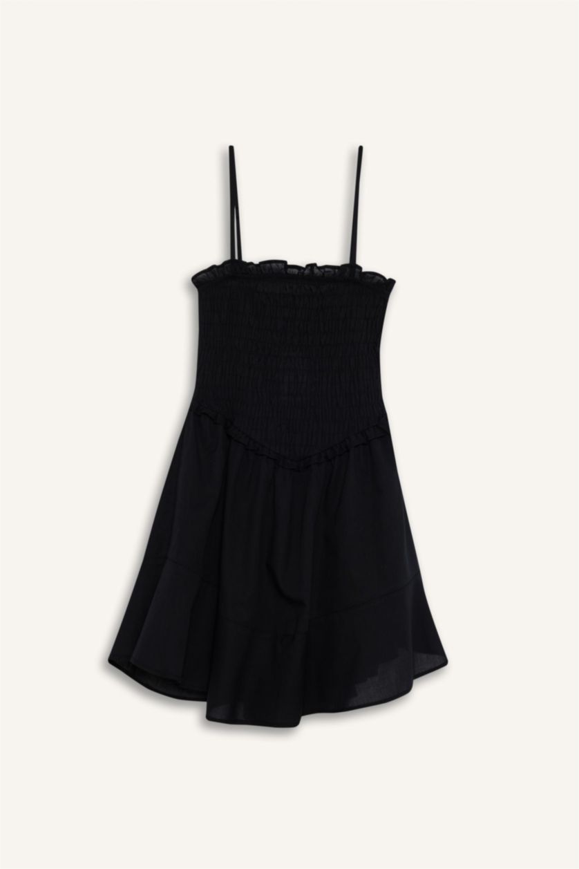 Woman Black Strappy Voile Mini Black Dress